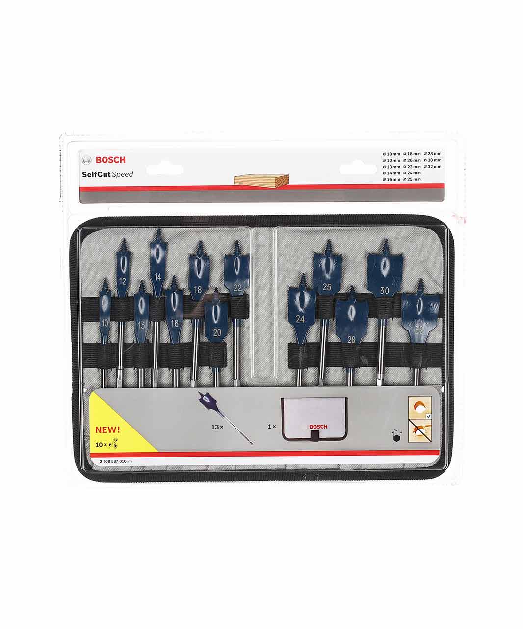 Wood Drill Bits - Self Cut Speed spade, 13-piece set 10; 12; 13; 14; 16; 18; 20; 22; 24; 25; 28; 30; 32 mm